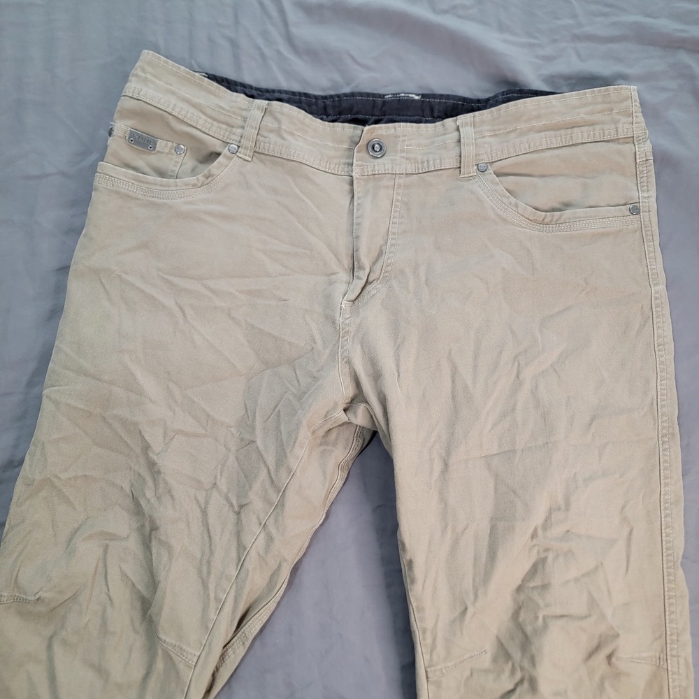 Kuhl Kanvus Jeans Men's 40x29 Beige Stretch Canvas Patina Dye Cell Phone Pocket - Picture 2 of 10